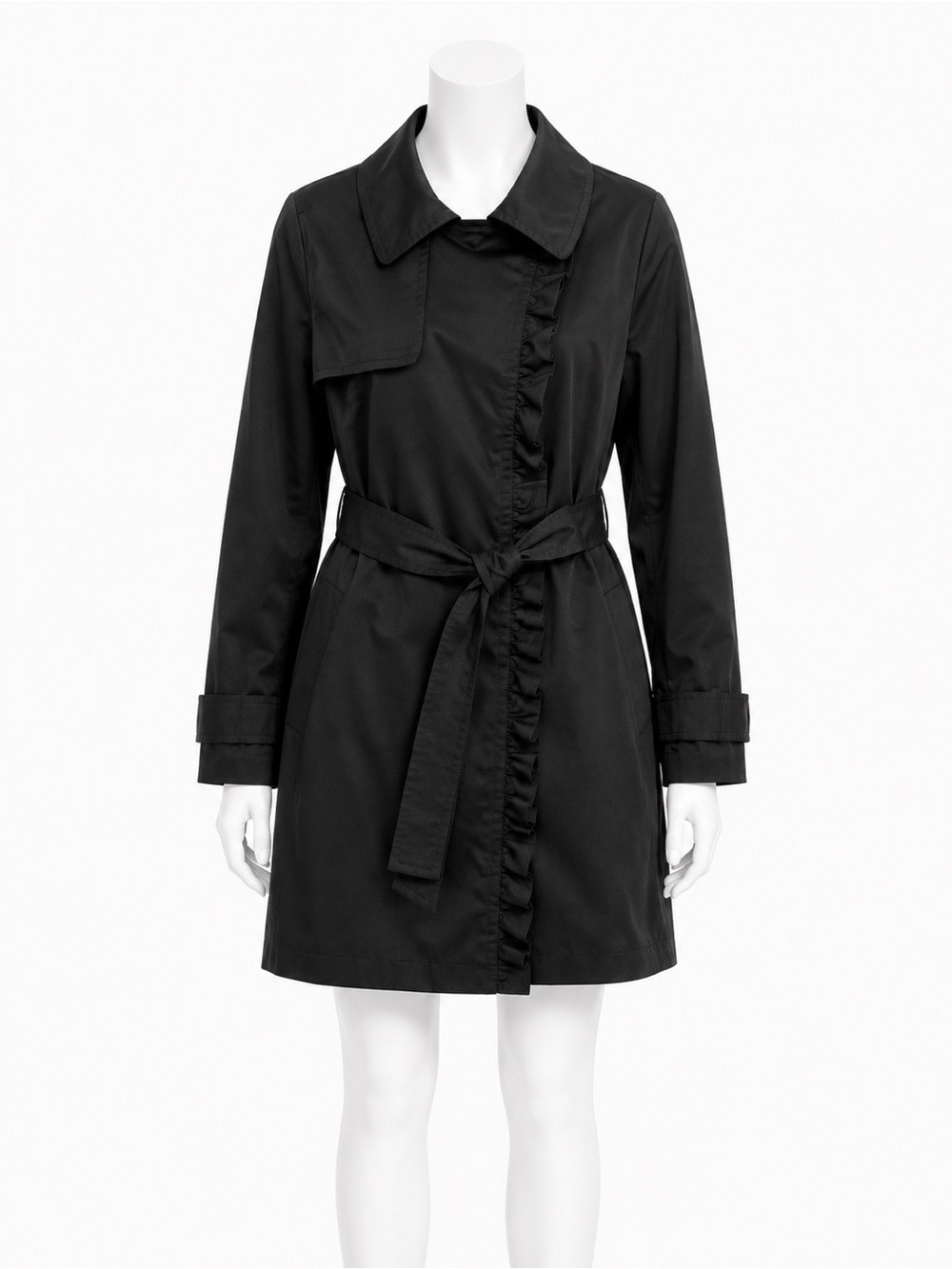 Jessica Simpson Black Ruffle Trim Belted Trench Coat Women’s Large